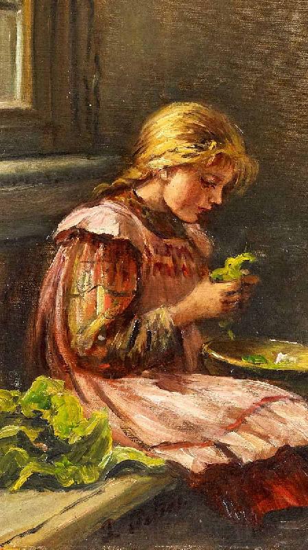 Giacinto Diano Girl cleaining lettuce Norge oil painting art